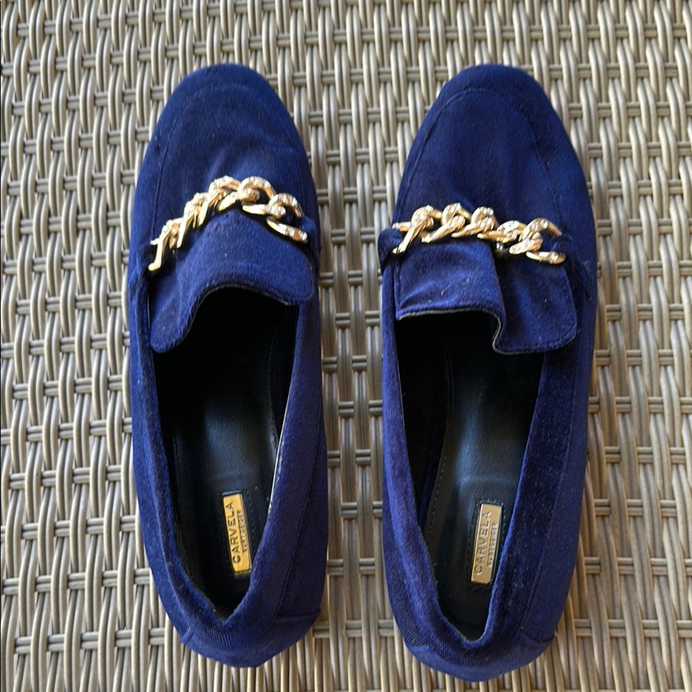 Kurt Geiger Blue Velvet Loafers with Gold Chain